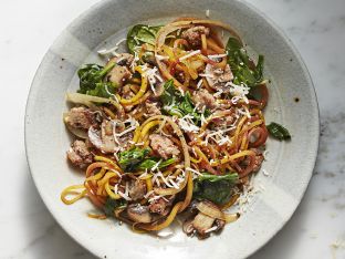 golden beet noodles with sausage