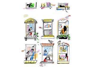 illustration of people in windows of apartment building