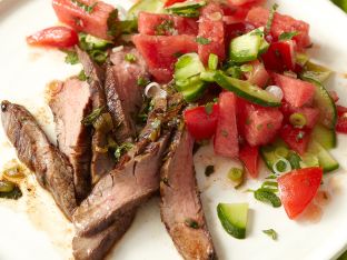 flank steak on plate with salad