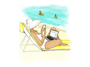 illustration of woman on beach working on laptop and phone