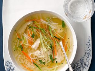 Crystal Clear Chicken Soup with Julienned Vegetables and Angel Hair