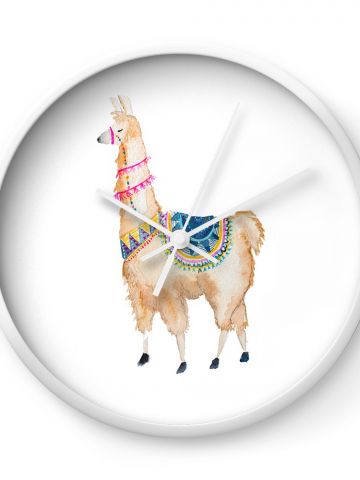 Watercolor Llama Wall Clock White White