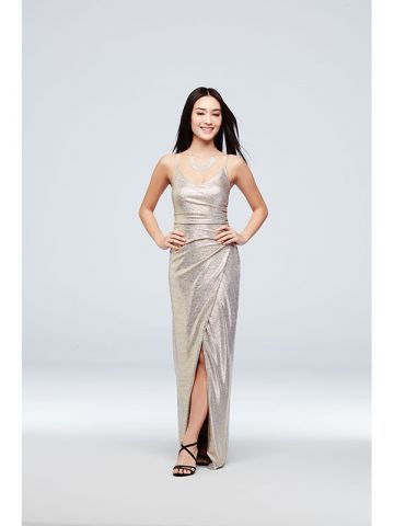 Betsy and Adam Ruched Metallic Knit Sheath Dress with Slit