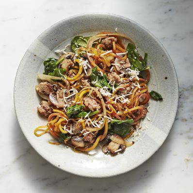 golden beet noodles with sausage