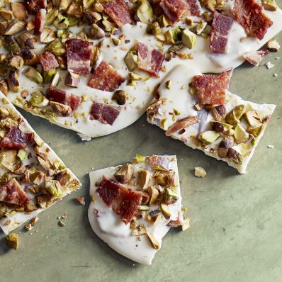 pistachio-bacon bark on green counter