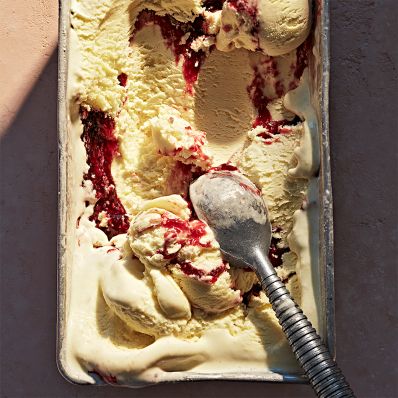 sweet corn ice cream with raspberries