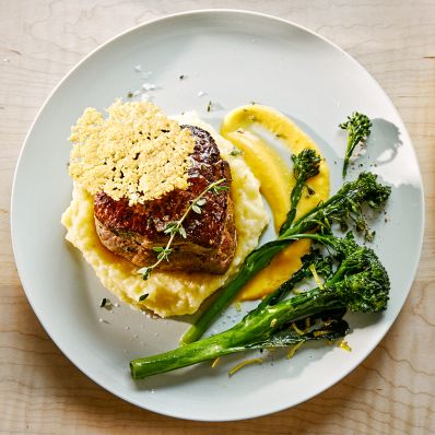 filet mignon with puree broccolini and tuile