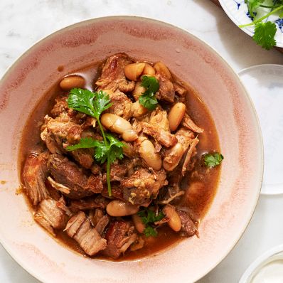 pork chile verde in pink bowl