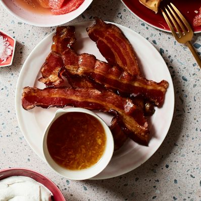 Syrup-Glazed Bacon with marmalade on plate
