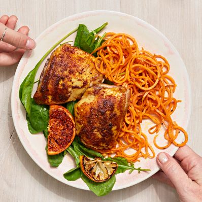 shawarma roasted chicken thighs and zoodles