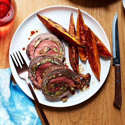 Stuffed Flank Steak with sweet potato fries