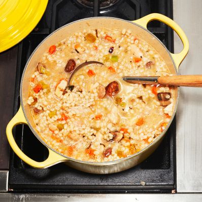 casserole dish with chicken and barley stew