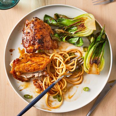 chicken thighs and noodles with soy glaze