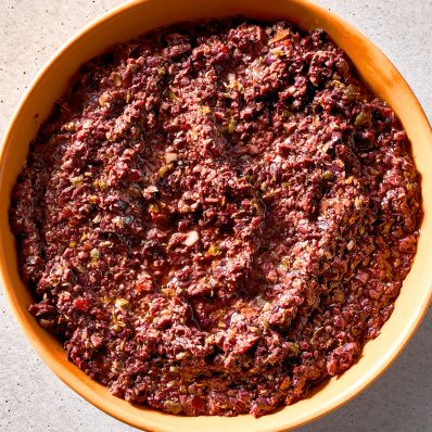 dish with olive tapenade