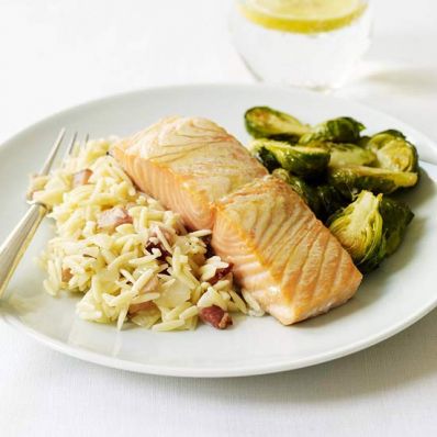 Roasted Salmon & Brussels Sprouts with Bacon Orzo