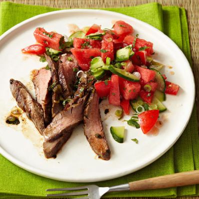 Flank Steak with Tomato, Cucumber and Watermelon Salad