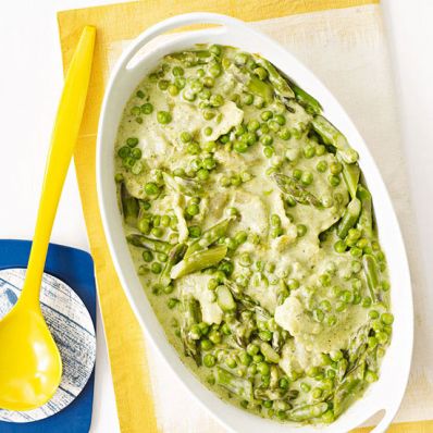 Agnolotti with Creamy Pesto, Peas and Asparagus