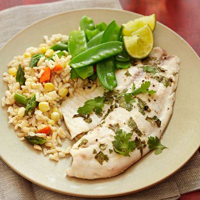 Baked Cilantro Tilapia with Brown Rice and Snow Peas
