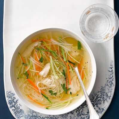Crystal Clear Chicken Soup with Julienned Vegetables and Angel Hair
