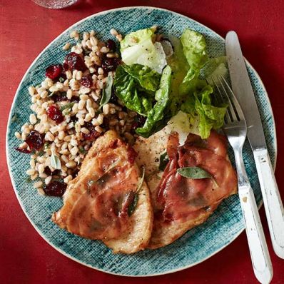 Turkey Cutlets with Prosciutto and Farro Pilaf