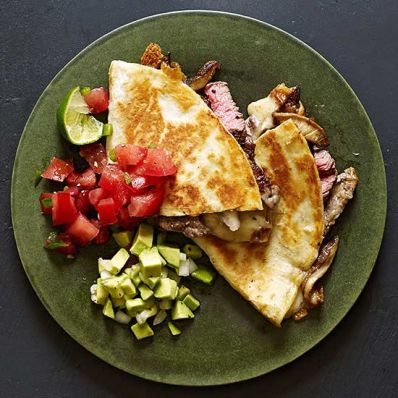 Sliced Beef Tenderloin and Shiitake Quesadillas with Two Salsas