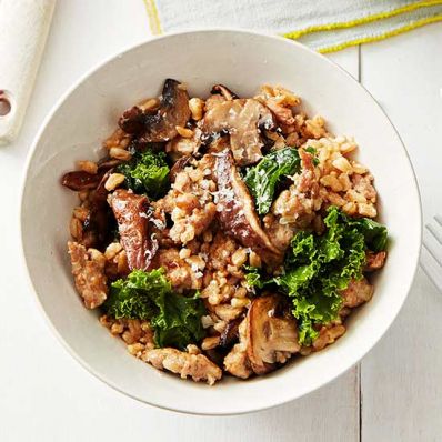 Oven Farro Risotto with Sausage, Mushrooms and Kale