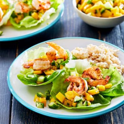 Shrimp in Lettuce Cups with Mango Salsa and Coconut Rice