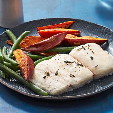 Roasted Halibut with Sweet Potato Fries and Green Beans