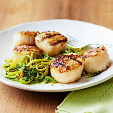 Grilled Scallops with Almond-Arugula Pesto