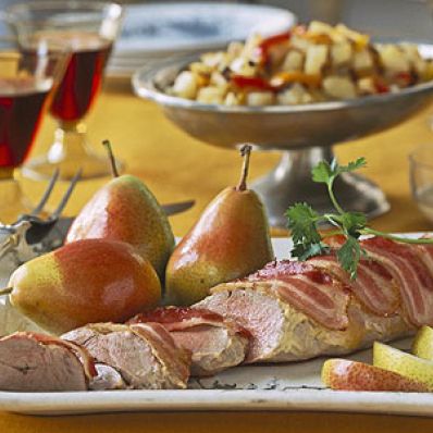 Bacon-Wrapped Pork With Peppers and Potatoes