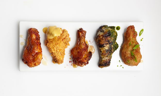 Super Bowl Wings Five Ways: Beer-Battered Thai, Gilled Chimichurri, Smoky Maple, Crunchy Cheddar, Honey-Harissa