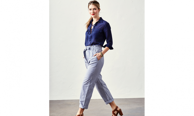 lace-up top, striped pants, glossy lips trends