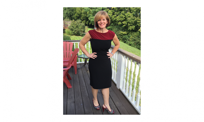 Wendy Rowland in black and red dress