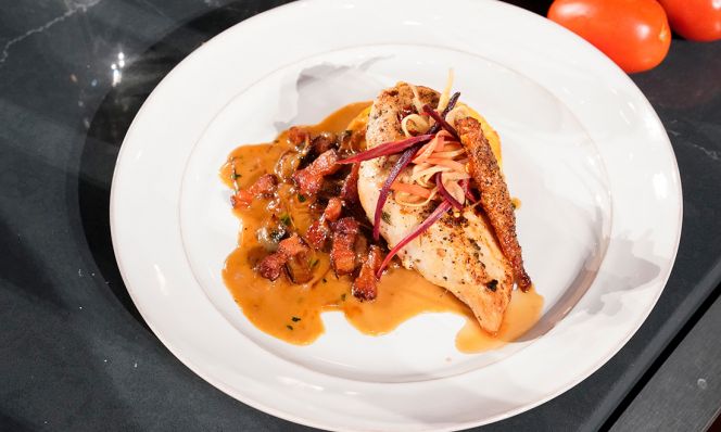 Pan Seared Roasted Chicken Breast with Carrot Pickle Salad & Polenta Cake