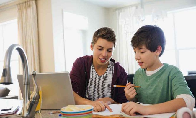 Teen boy assisting brother in doing homework