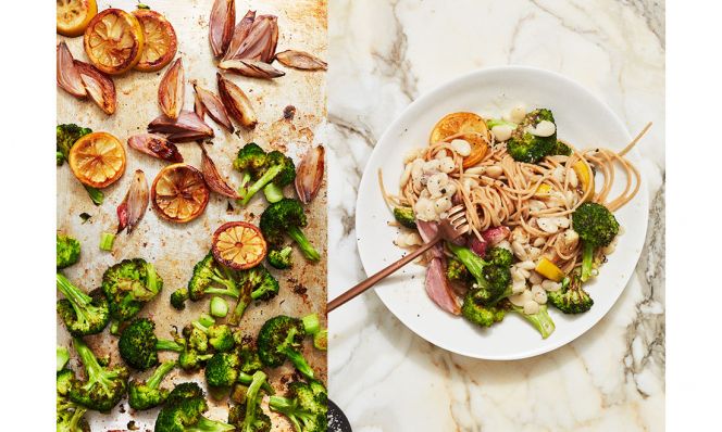 roasted broccoli and white bean pasta split