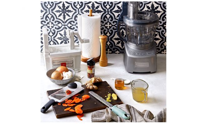 handheld mandoline, microplane grater, food processor with mini-chopper bowl