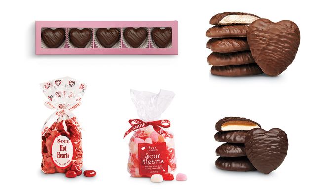 See's Candies Deep Dark Chocolate Truffles, Hot Hearts, Sour Hearts, Marshmallow Hearts, Scotchmallow Hearts