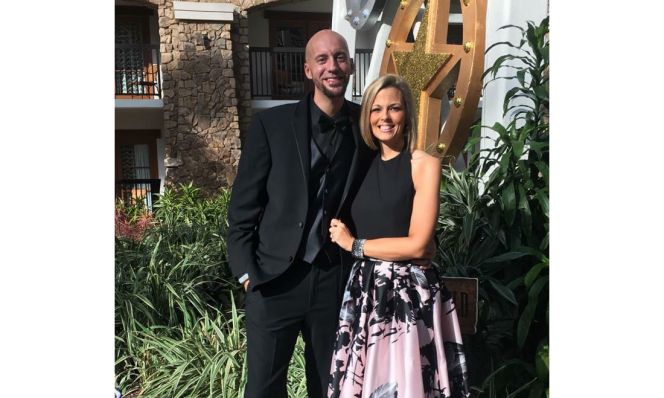 Tiffany Howard AFTER weight loss, wearing blank & pink skirt, with husband
