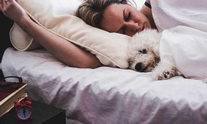 woman and her dog comfortably sleeping in the bed