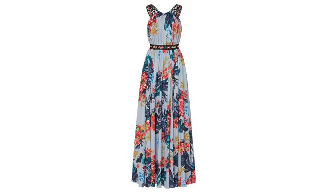 prom dress rental from Rent the Runway is a floral grommet maxi by Badgley Mischka