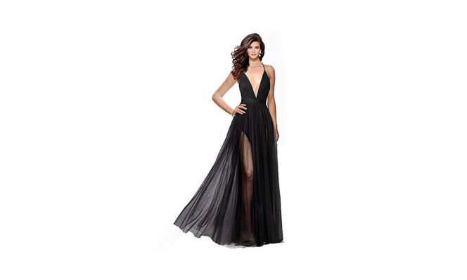 Alluring deep v-Neckline Spaghetti Straps Criss-Cross Open Back Tulle Dual Front Slits Evening Prom Formal Dress