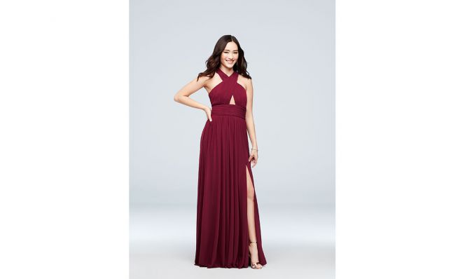 Haute Nites Cross-Front Mesh Halter Dress with Open Back