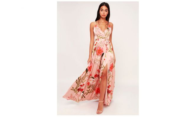 Lulus STILL THE ONE BLUSH PINK FLORAL PRINT SATIN MAXI DRESS
