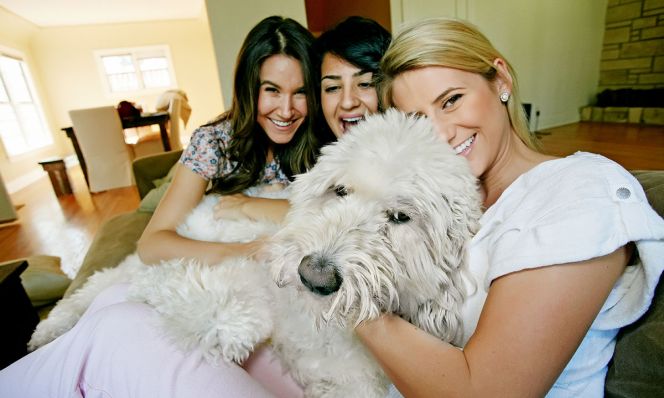women petting dog on sofa