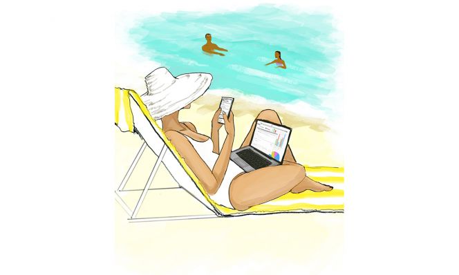 illustration of woman on beach working on laptop and phone