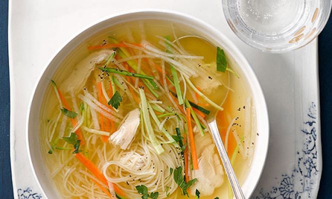 Crystal Clear Chicken Soup with Julienned Vegetables and Angel Hair